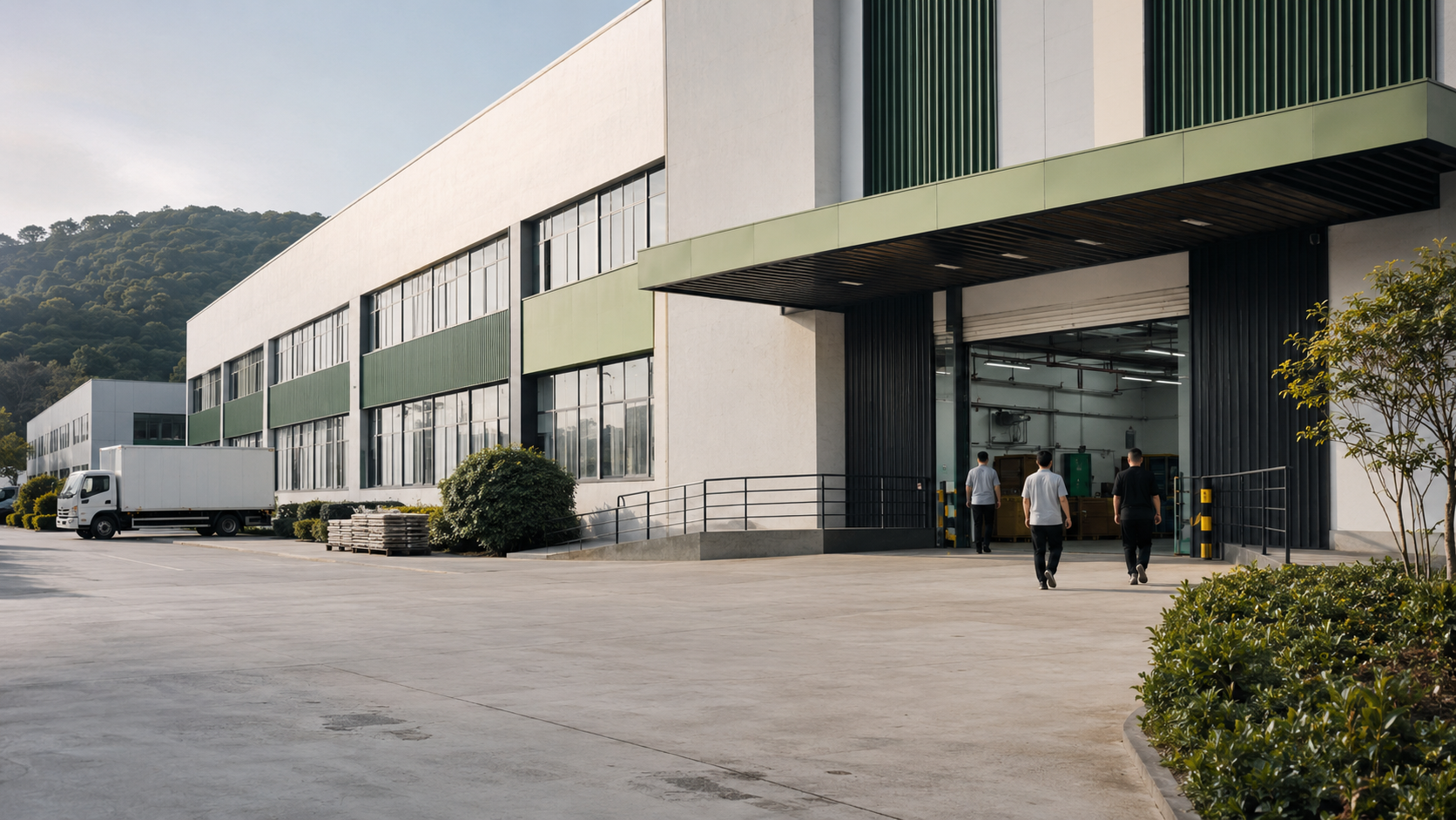 Representative contemporary apparel factory exterior